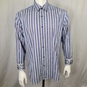 Zagiri Brown and Blue Striped Button Down Shirt with Jacquard‎ Flip Cuffs